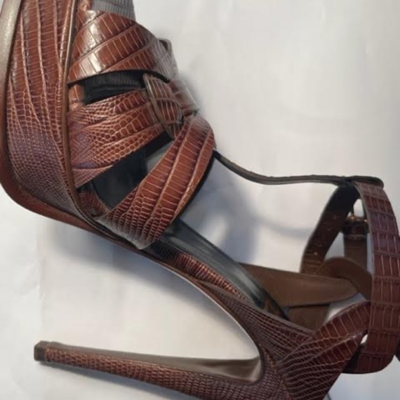 SAINT LAURENT YSL NEW TRIBUTE 105 BRANDY LIZARD EMBOSSED PLATFORM SANDALS 38 - Picture 4 of 6